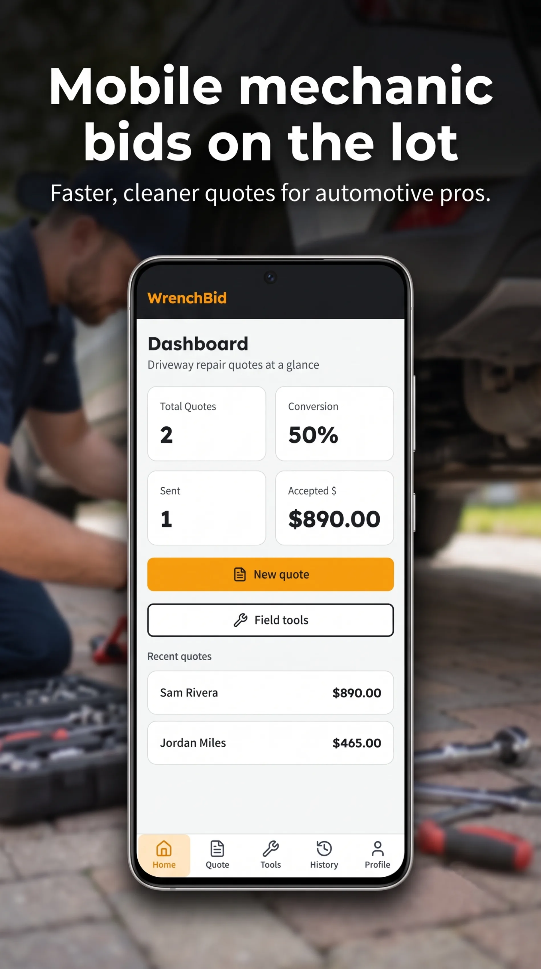 TorqueBid dashboard with quote totals and recent driveway bids