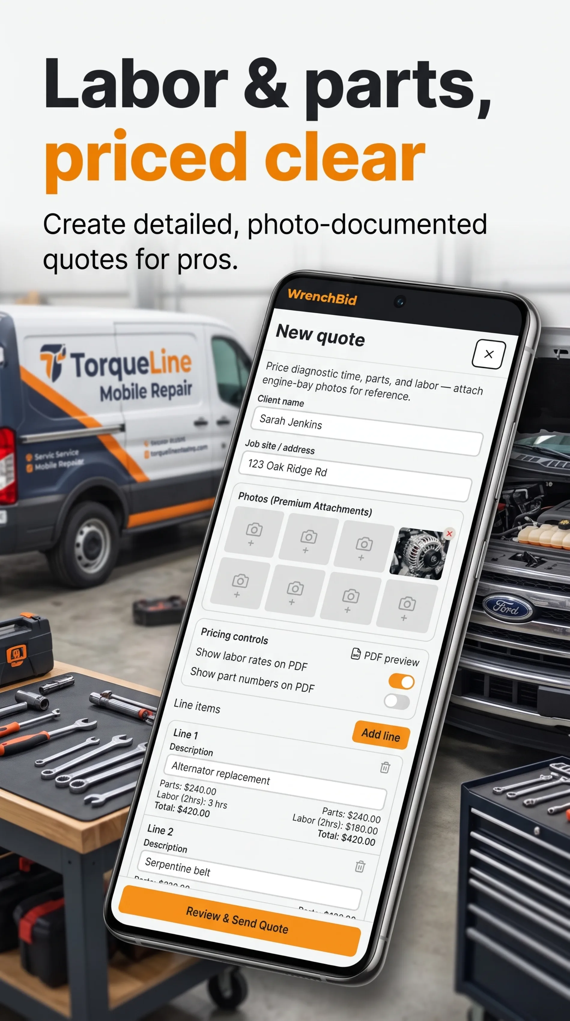 TorqueBid new quote screen with line items and photo attachments