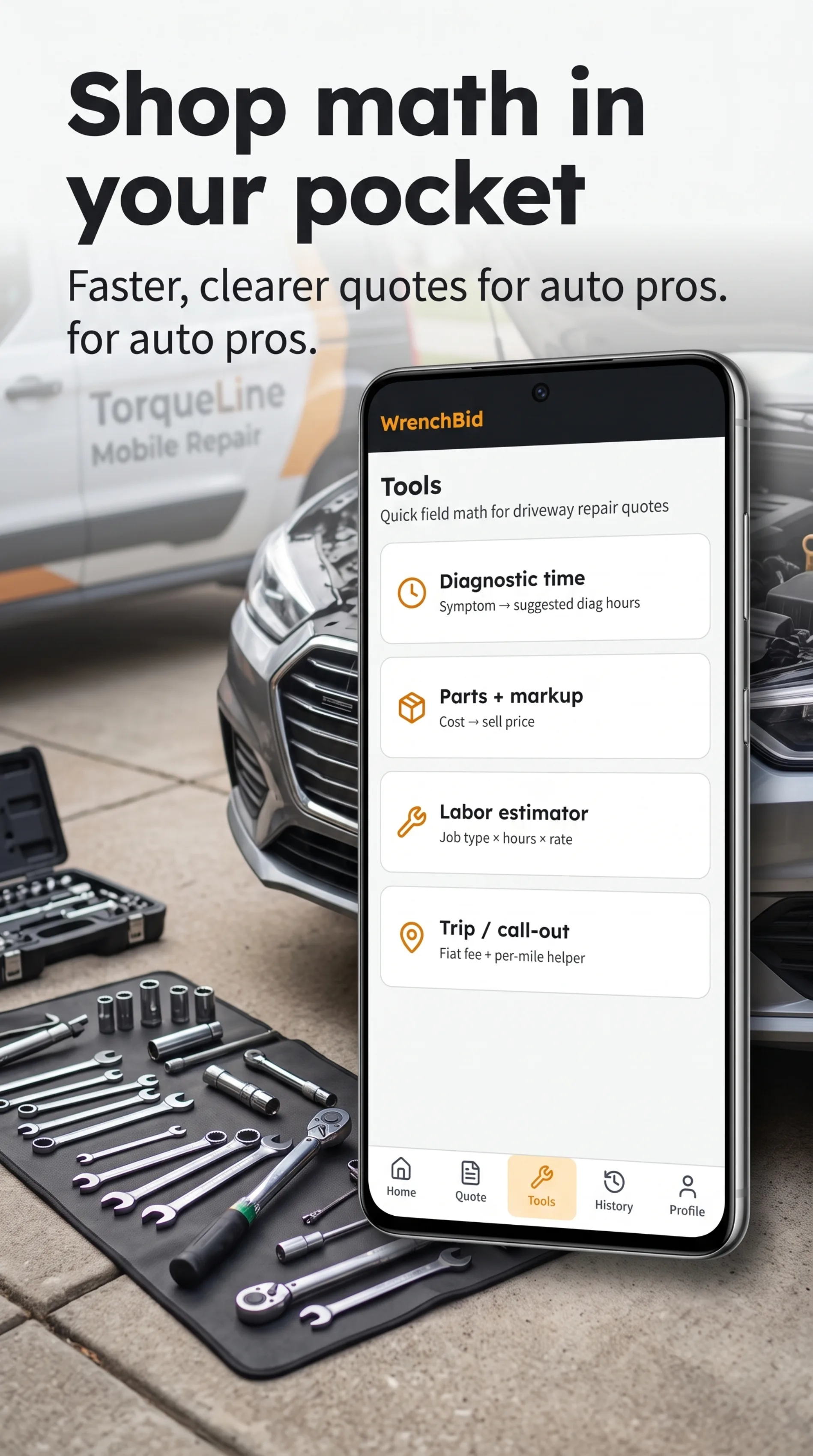 TorqueBid field tools list for diagnostic time, parts markup, labor, and trip fees