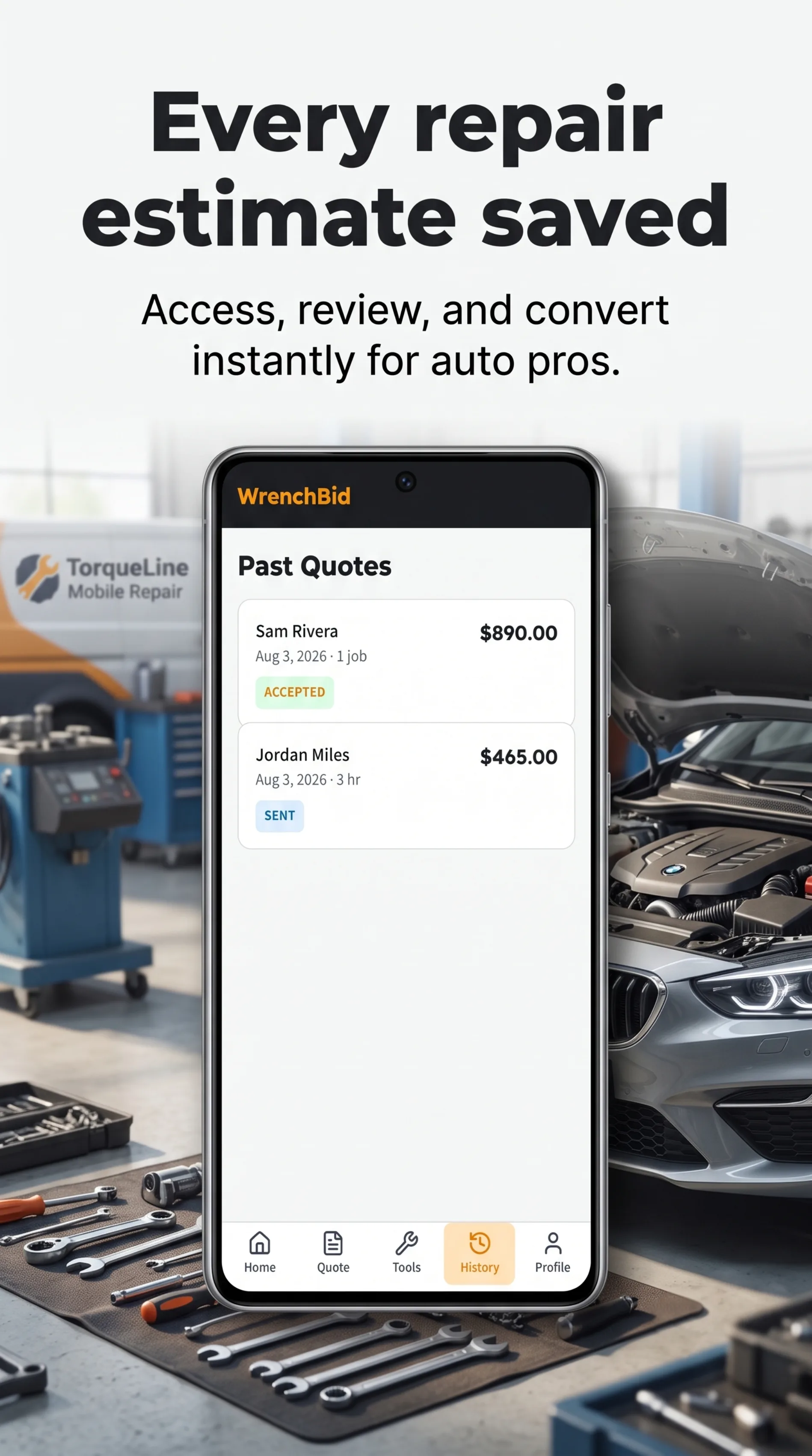 TorqueBid past quotes list with accepted and sent status