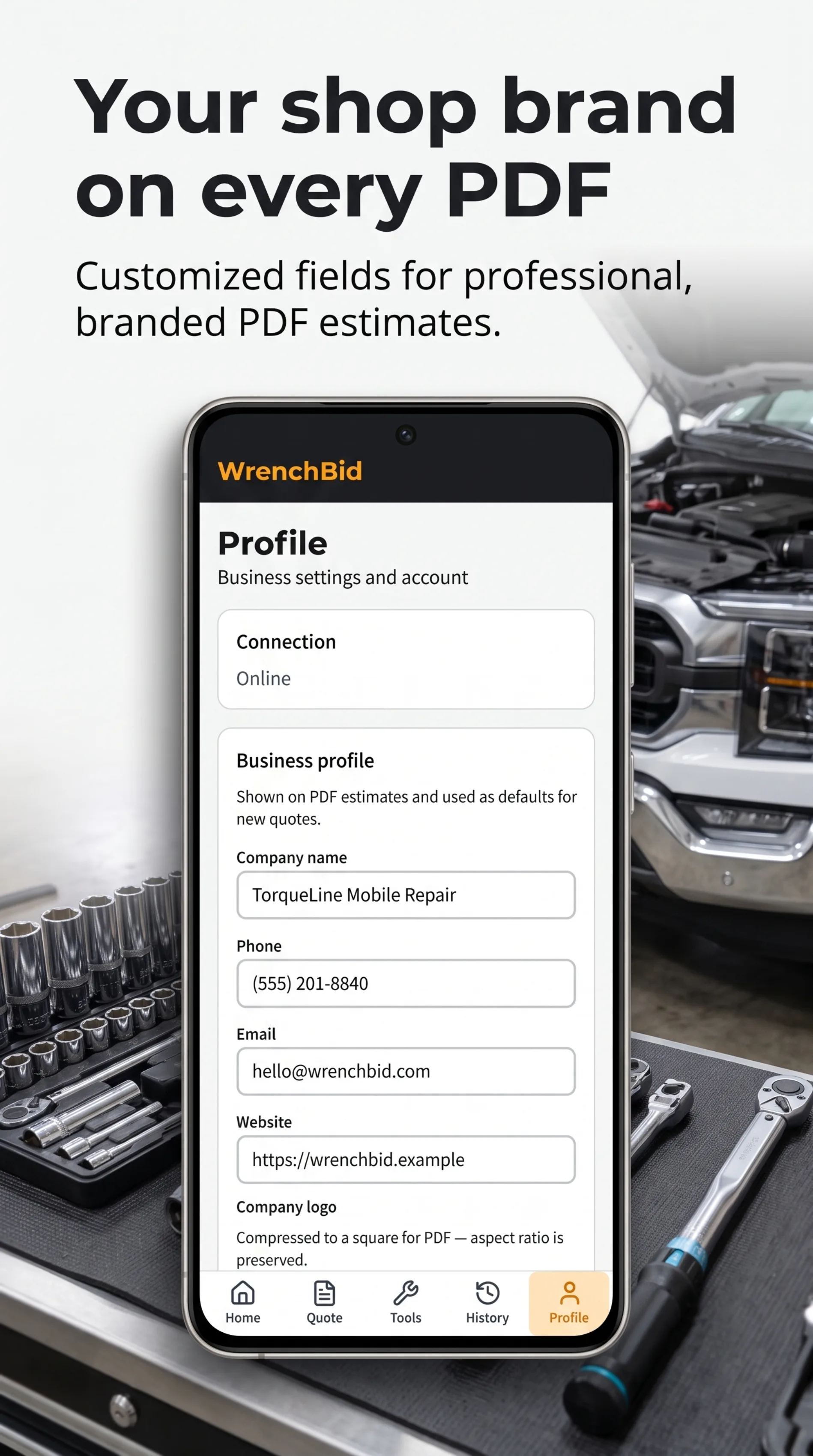 TorqueBid business profile settings used on branded PDF estimates